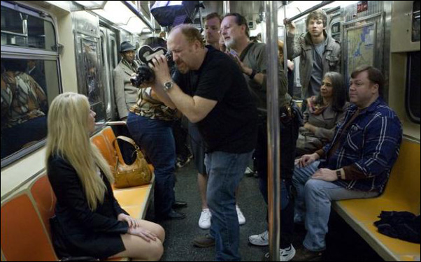 Louie CK filming an episode of Louie with cinematographer Paul Koestner