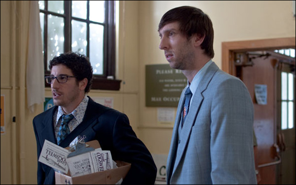 Jason Biggs and Joel David Moore in Stephen Gyllenhaal's film "Grassroots"
