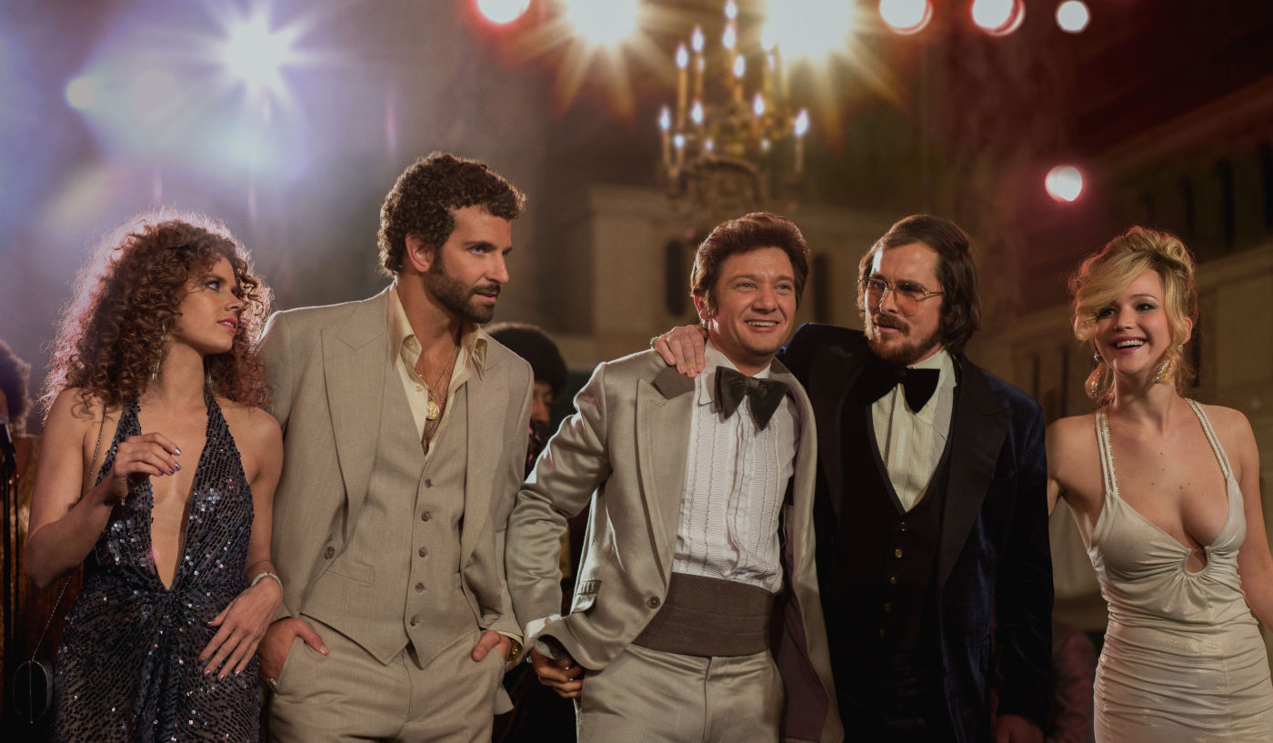 Amy Adams, Bradley Cooper, Jeremy Renner, Christian Bale and Jennifer Lawrence in "American Hustle"