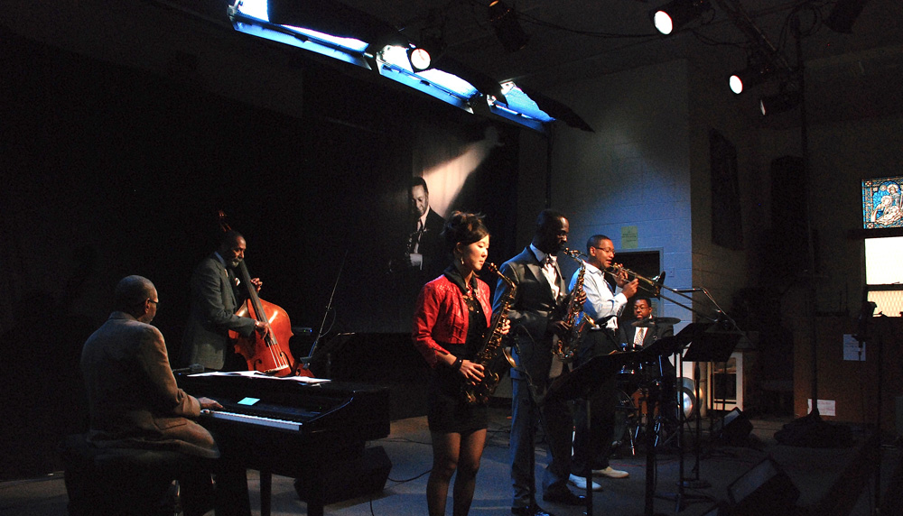 The Frank Morgan Tribute band at San Quentin, L to R: George Cables, piano; Ron Carter, bass; Grace Kelly, alto; Mark Gross, alto; Delfeayo Marsalis, trombone; Marvin "Smitty" Smith, drums.