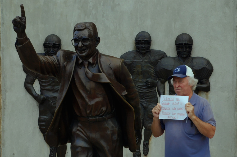 At the Joe Paterno statue at Penn State in "Happy Valley"