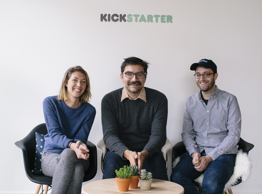Liz Cook, George Schmalz and Dan Schoenbrun at Kickstarter HQ