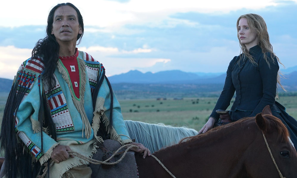 Michael Greyeyes and Jessica Chastain in "Woman Walks Ahead"