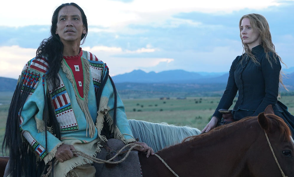 Michael Greyeyes and Jessica Chastain in "Woman Walks Ahead"